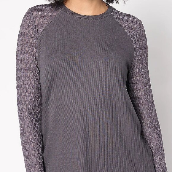 Long Sleeve Ribbed Tee with Mesh/Lace Sleeves - Picture 2 of 7